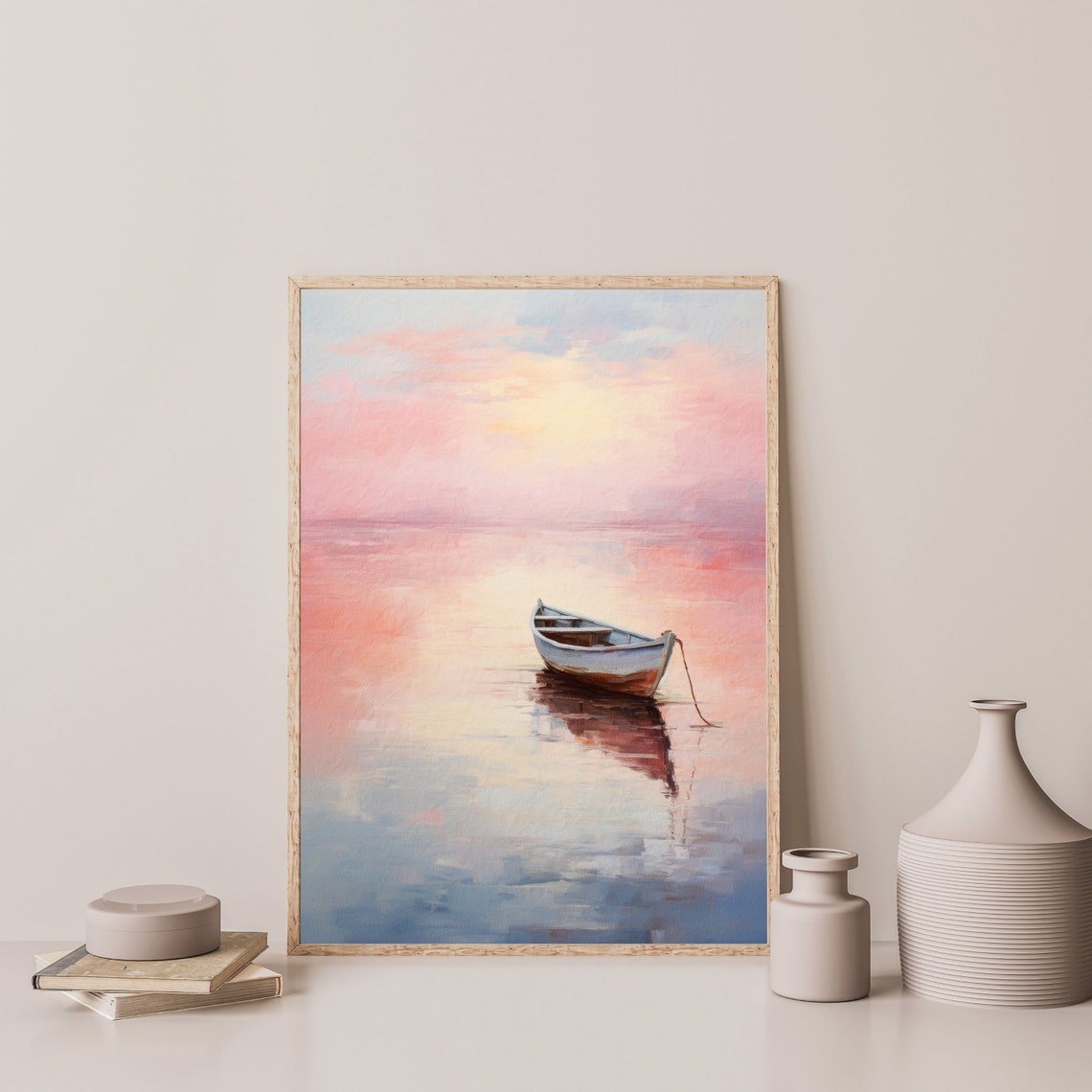 Lone Boat Pink Sunset Glassy Water Minimalist Romantic Painting Poster - Image 3