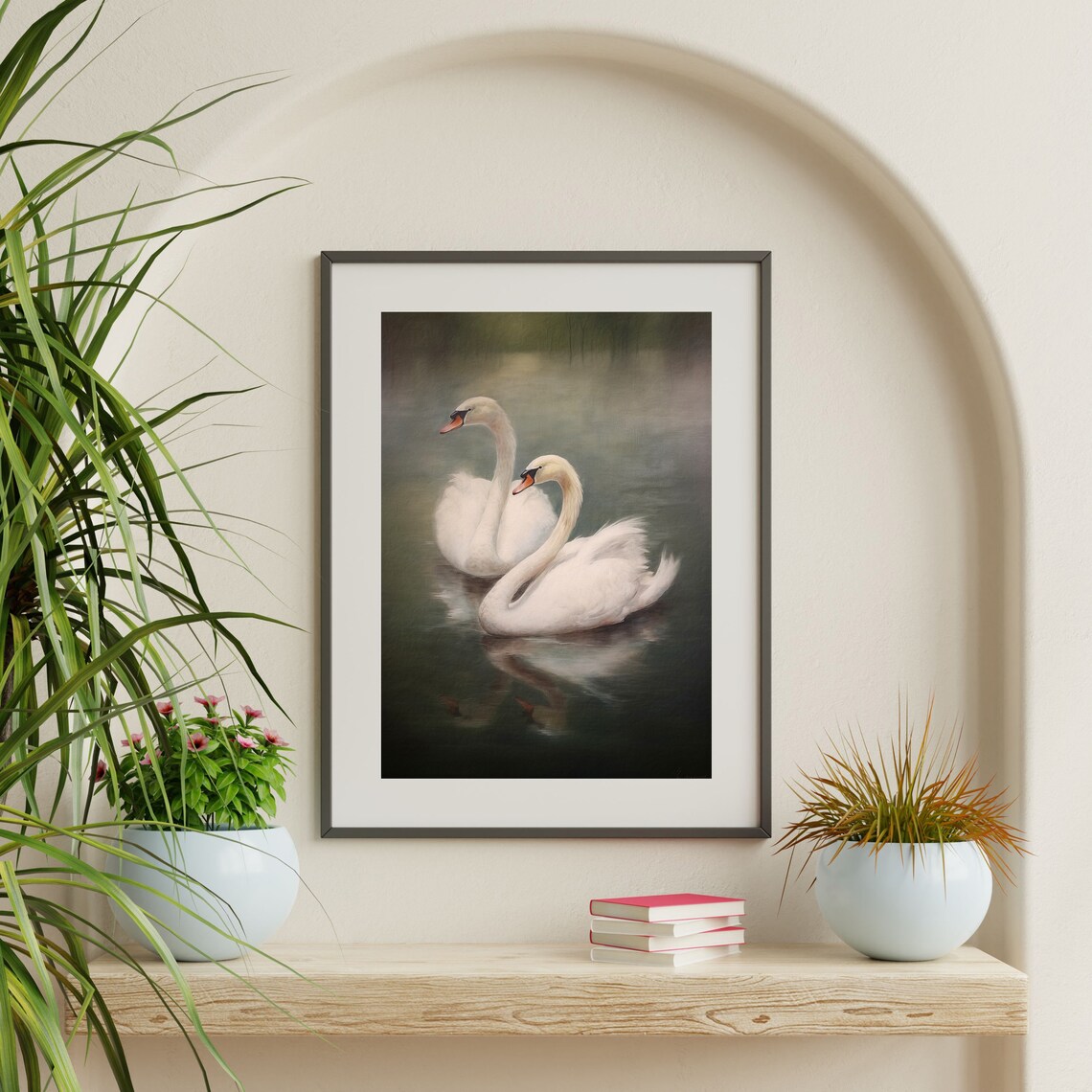 Moody Vintage White Swans Pair on Dark Lake Oil Painting Style Poster - Image 2
