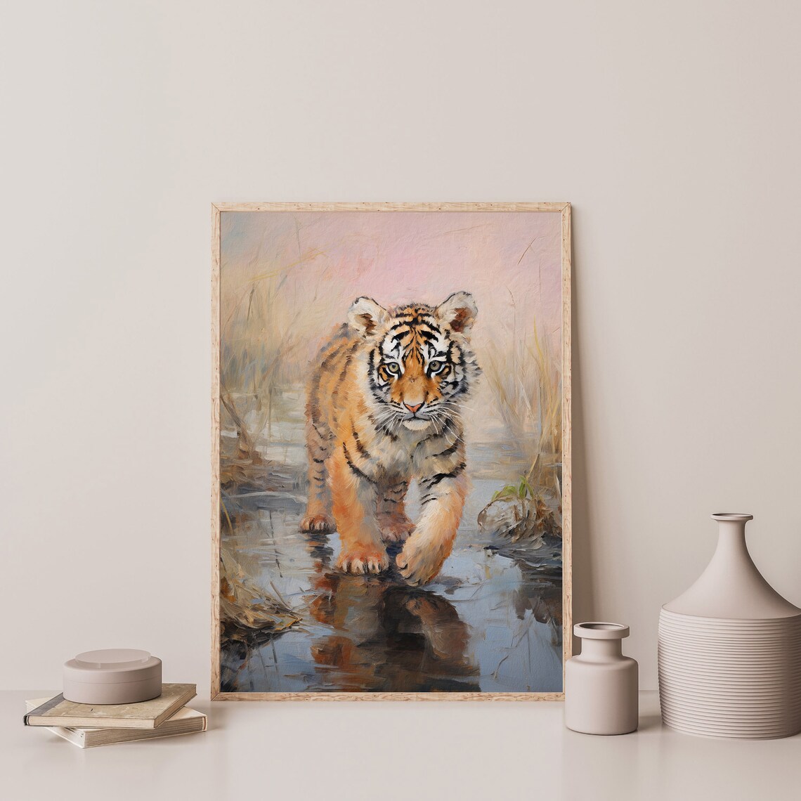 Baby Tiger Cub Walking In Water Pink Mist Playful Wild Cat Painting Poster - Image 3