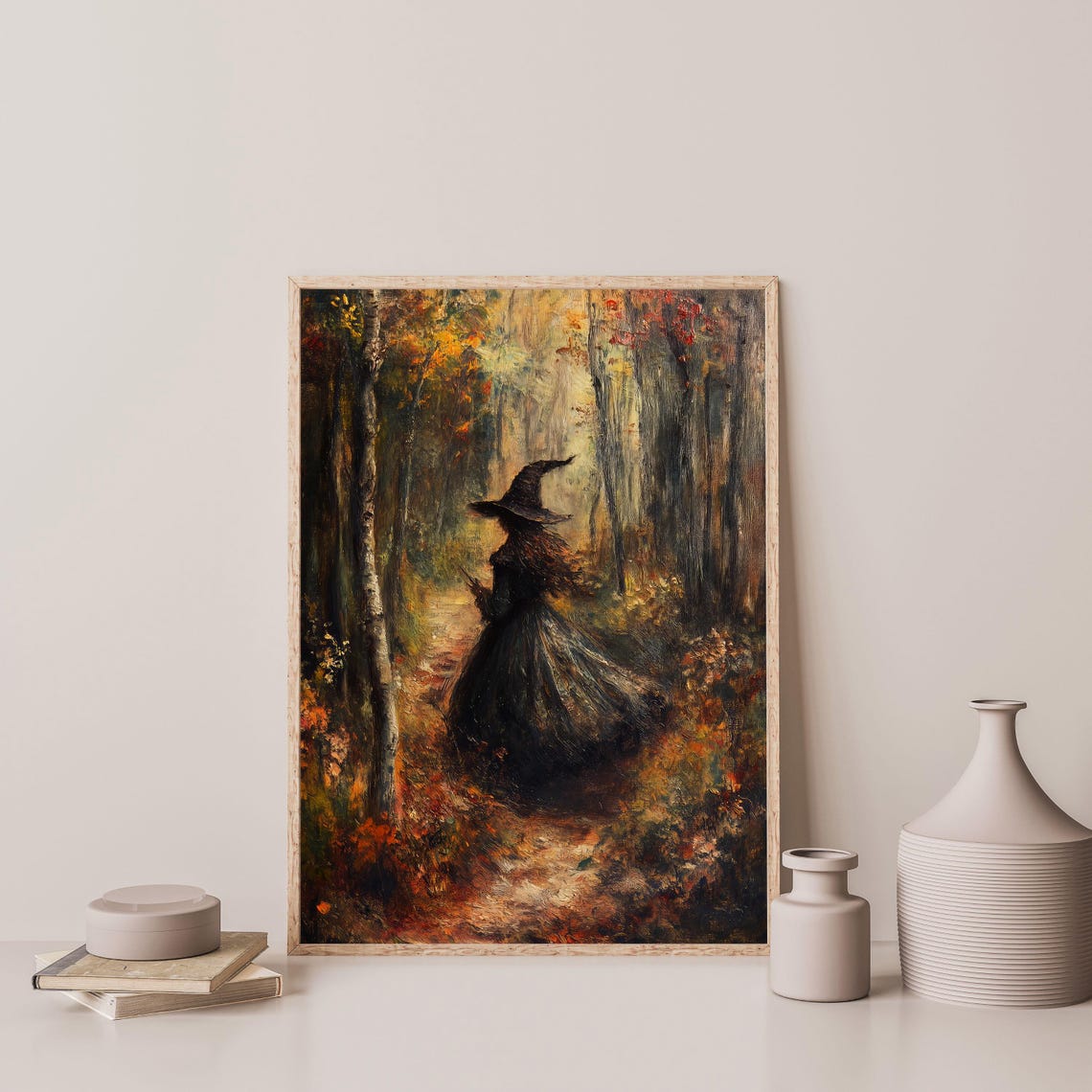 Autumn Witch Walking Misty Forest Vintage Oil Painting Poster - Image 3