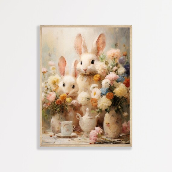 White Bunnies Spring Flowers Teapot Vintage Nursery Animal Poster