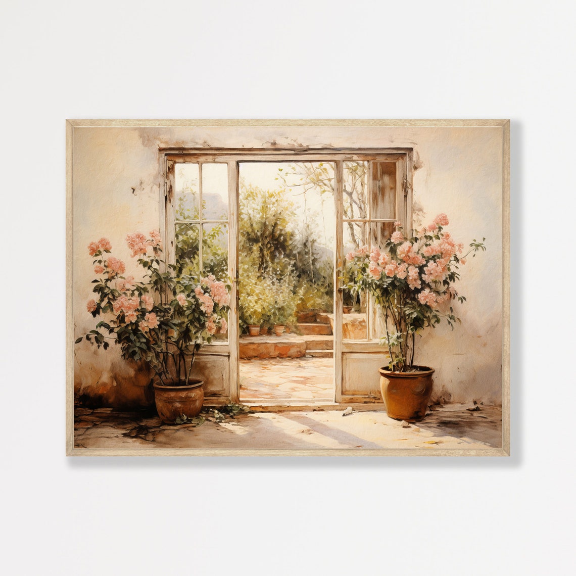 Open French Doors to a Rose Garden Sunlit Courtyard Wall Art Print