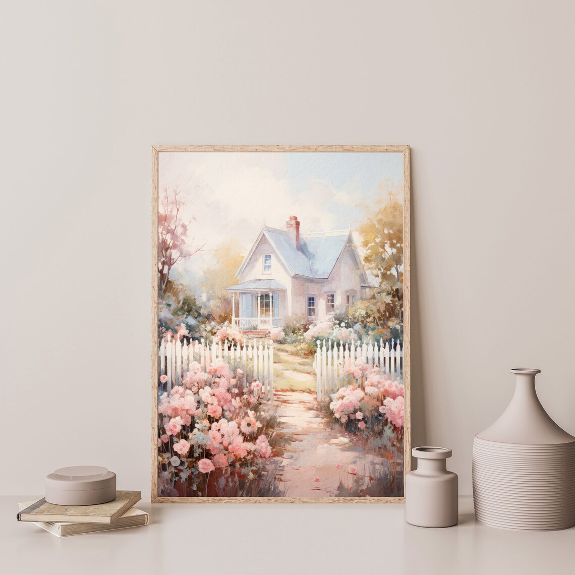 White Country Cottage Picket Fence Pink Flower Garden Painting Poster - Image 3
