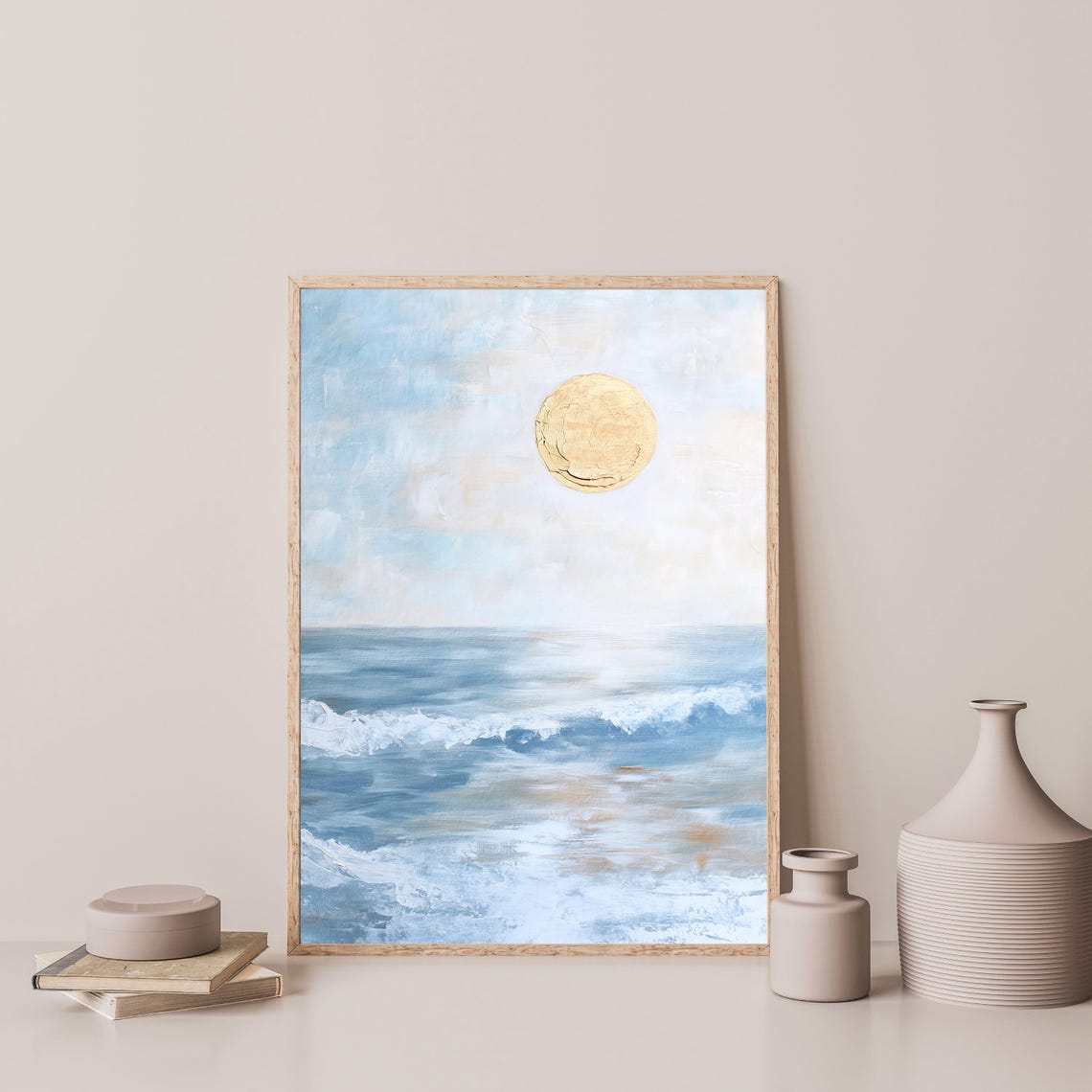Minimalist Ocean Waves Golden Sun Coastal Beach Travel Poster - Image 3