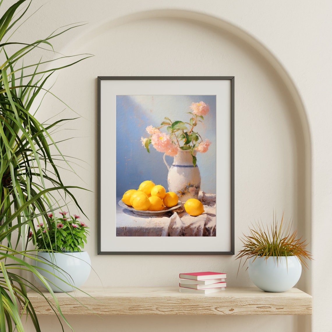 Lemons White Pitcher Pink Flowers Vintage Still Life Art Poster - Image 2