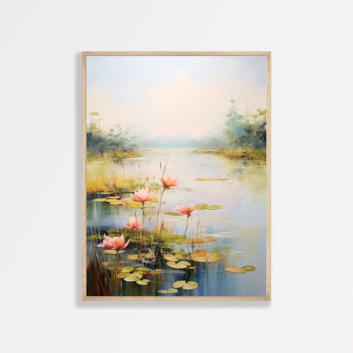 Pink Lotus Flowers Misty Pond Lily Pads Serene Water Garden Poster