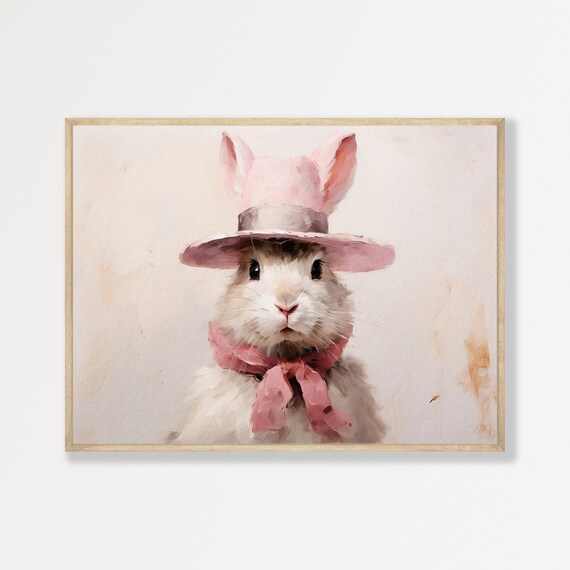 Whimsical Bunny Wearing a Pink Hat and Scarf Portrait Wall Art Print