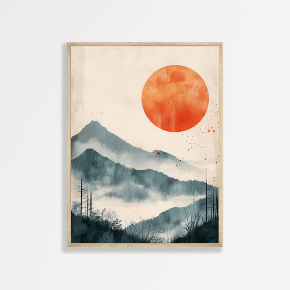 Mountain Landscape Painting Minimalist Abstract Boho Wall Art Trendy Eclectic Mid Century Modern Decor P 474