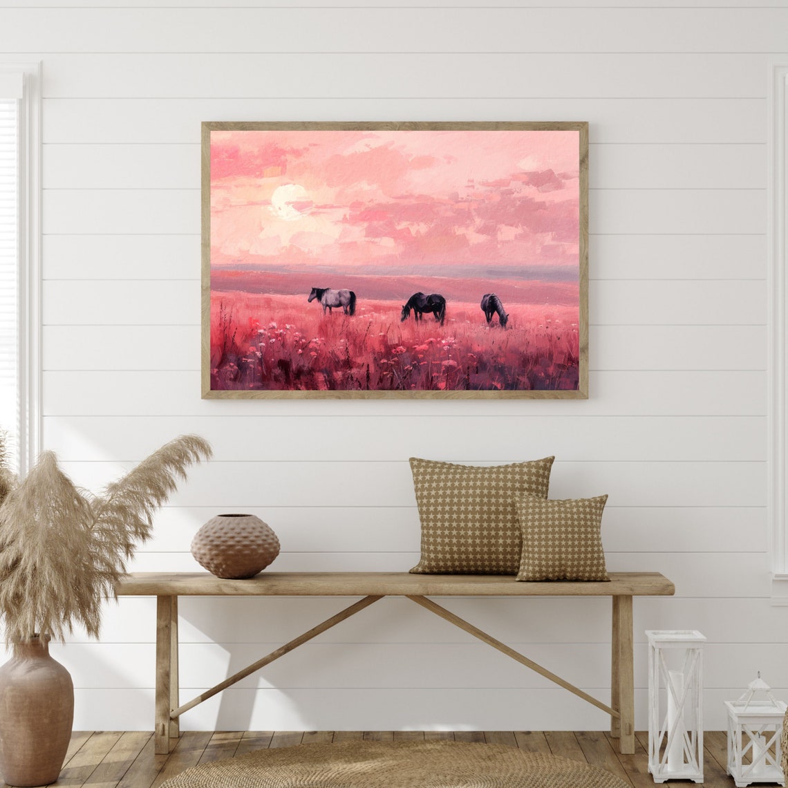 Three Horses Pink Sunset Meadow Grazing Western Wild Art Poster - Image 3