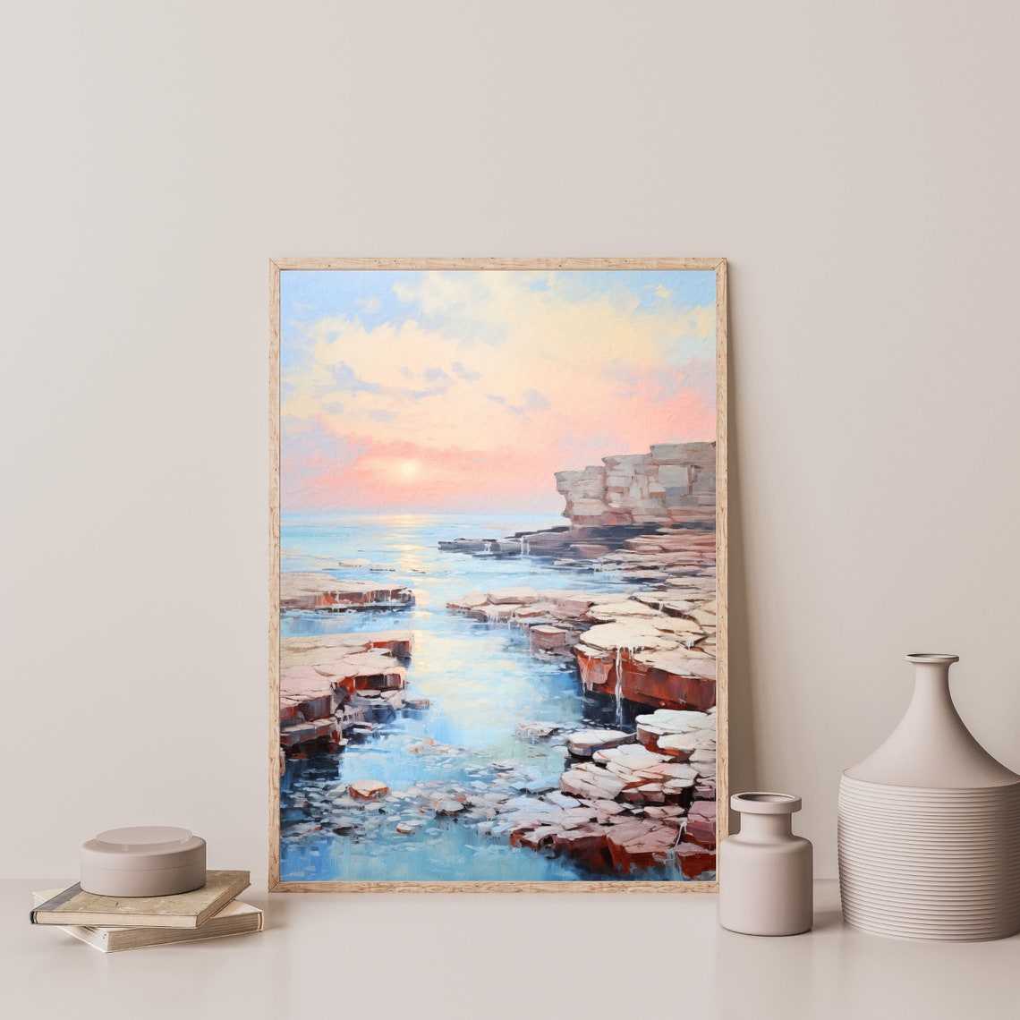 Pink Rocky Shore Sunset Ocean Rocks Pastel Coastal Landscape Poster - Image 3