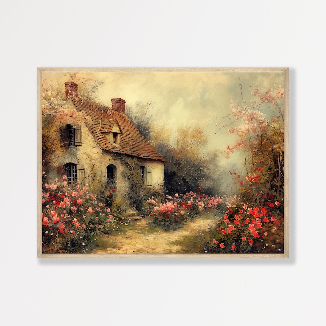 Vintage Stone Cottage Rose Garden Moody Countryside Art Poster