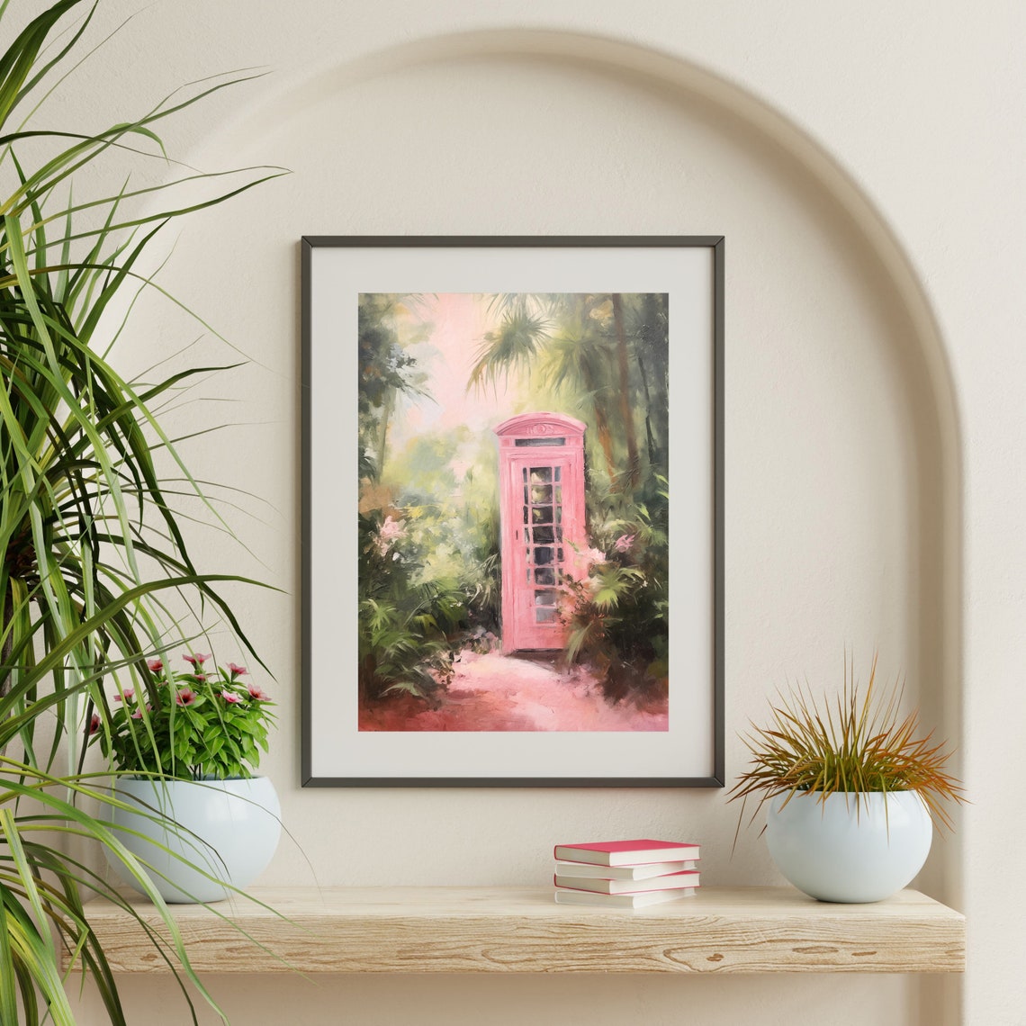Pink Vintage Telephone Booth in Tropical Garden Painting Wall Art - Image 2