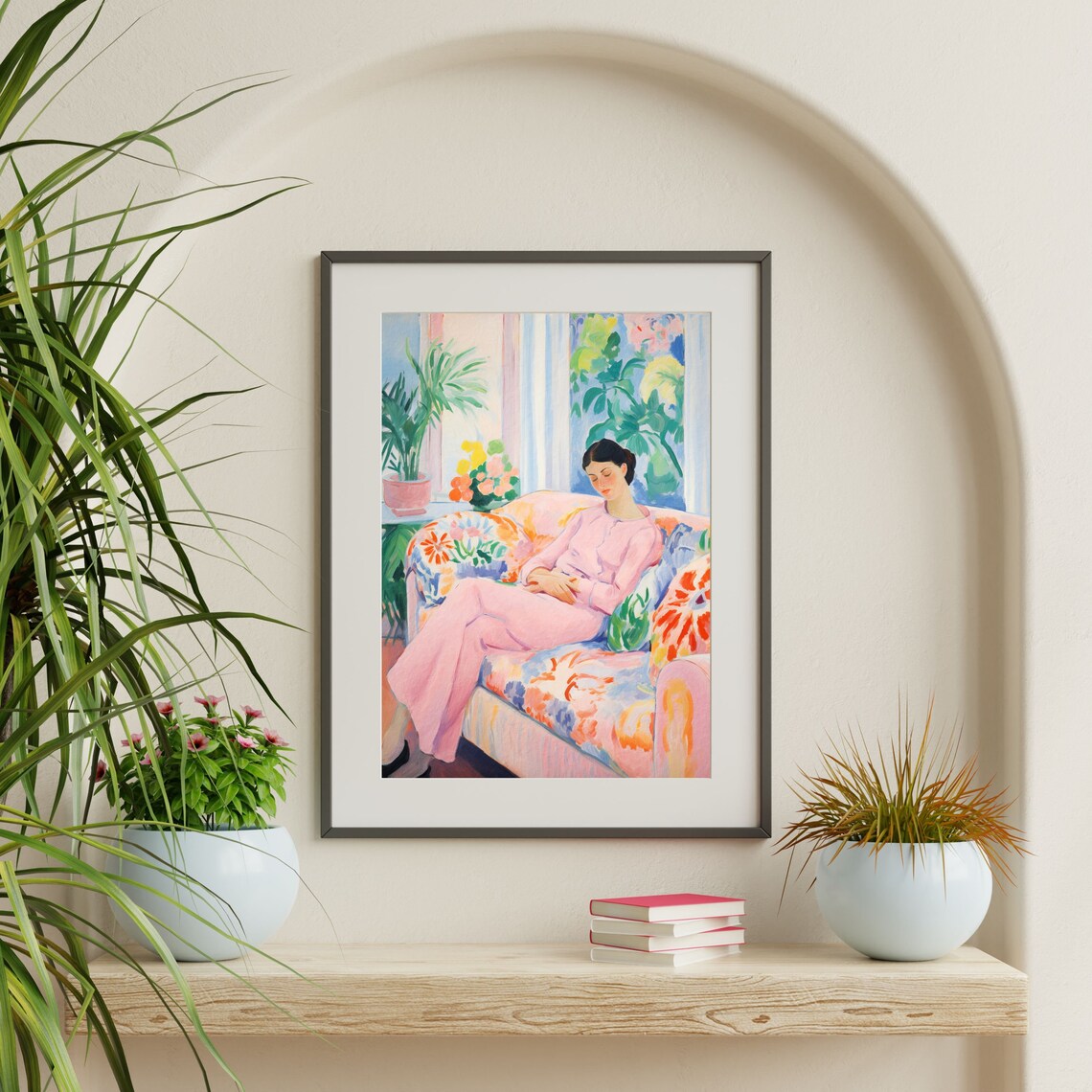 Sleeping Woman Floral Chaise Pink Pajamas Dreamy Vintage Interior Wall Art Print - Image 2