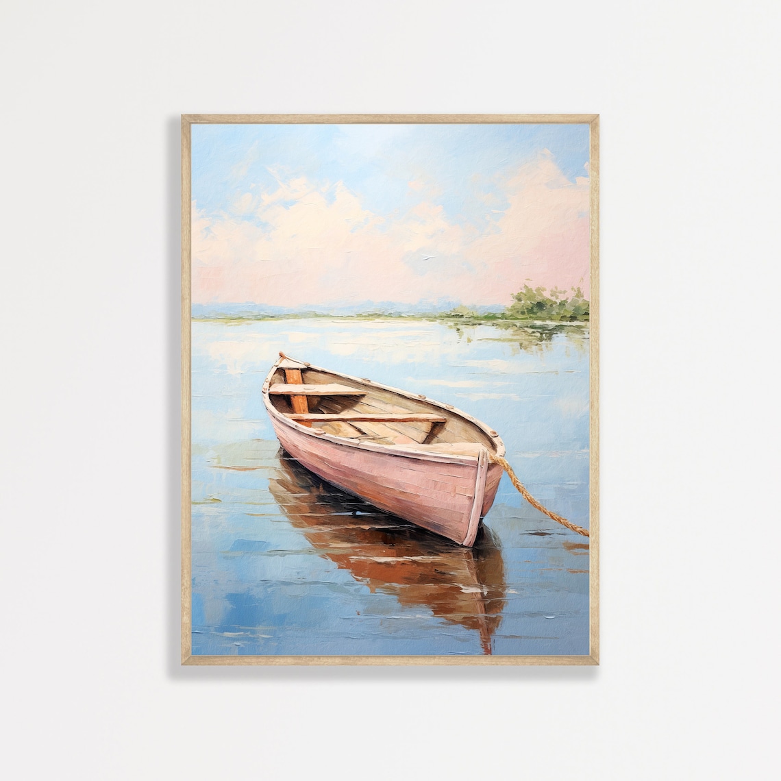 Pink Wooden Rowboat Floating on Calm Blue Water Coastal Art Poster