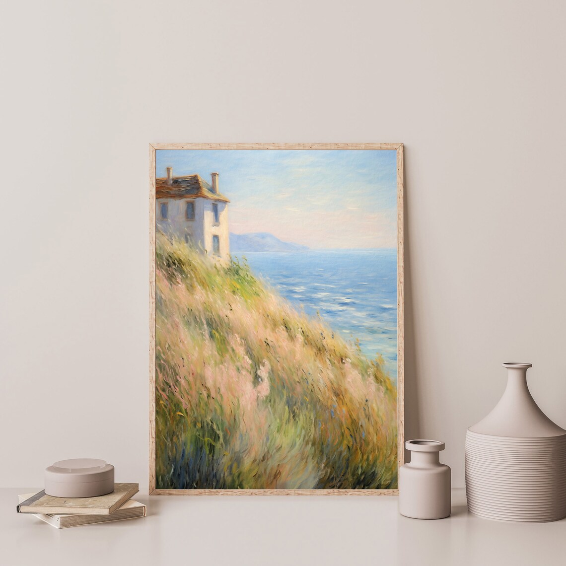 Italian Coastal Cliff House Overlooking Sea Vintage Painting Poster - Image 3