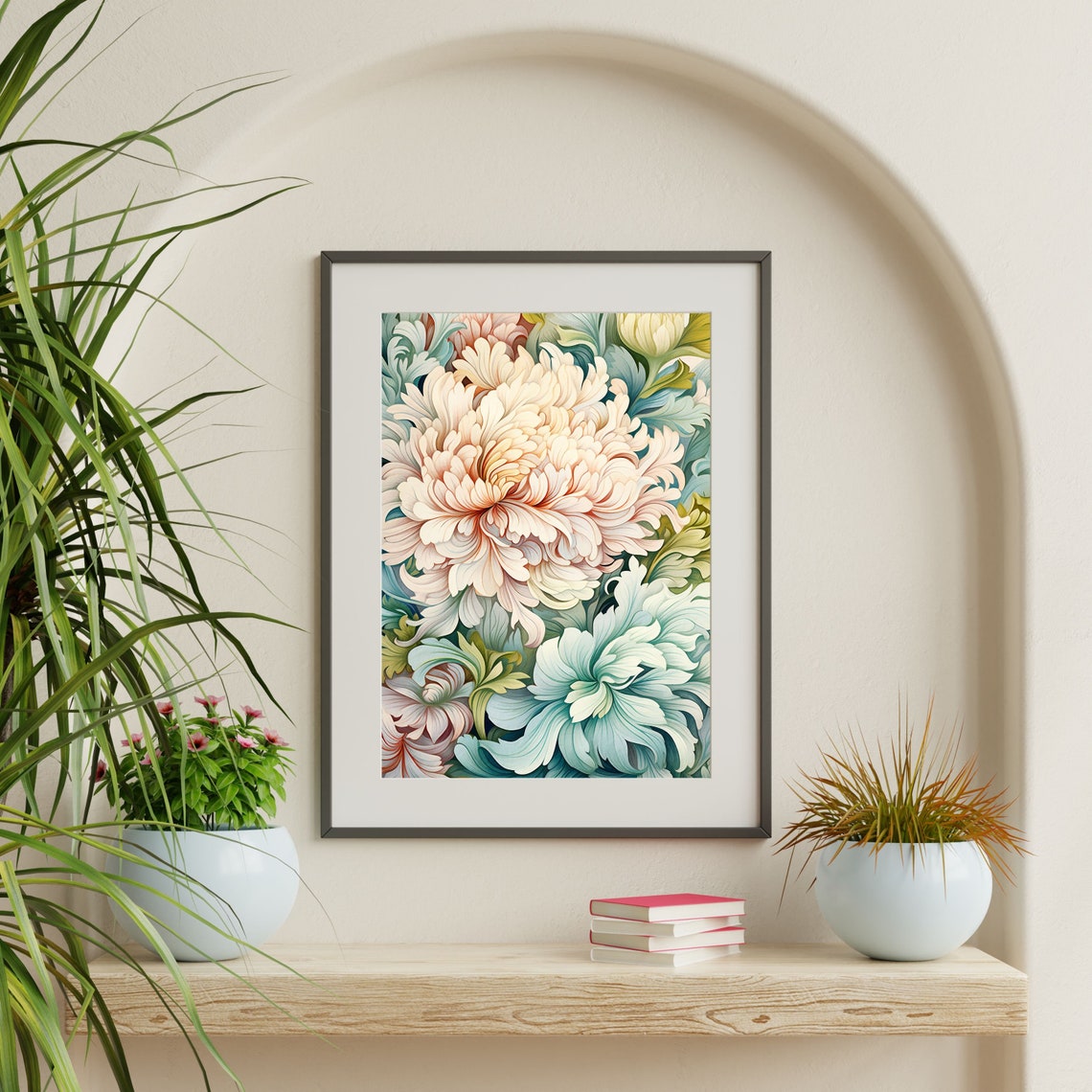 Cream Chrysanthemum Blooms Teal Background Vintage Botanical Print - Image 2