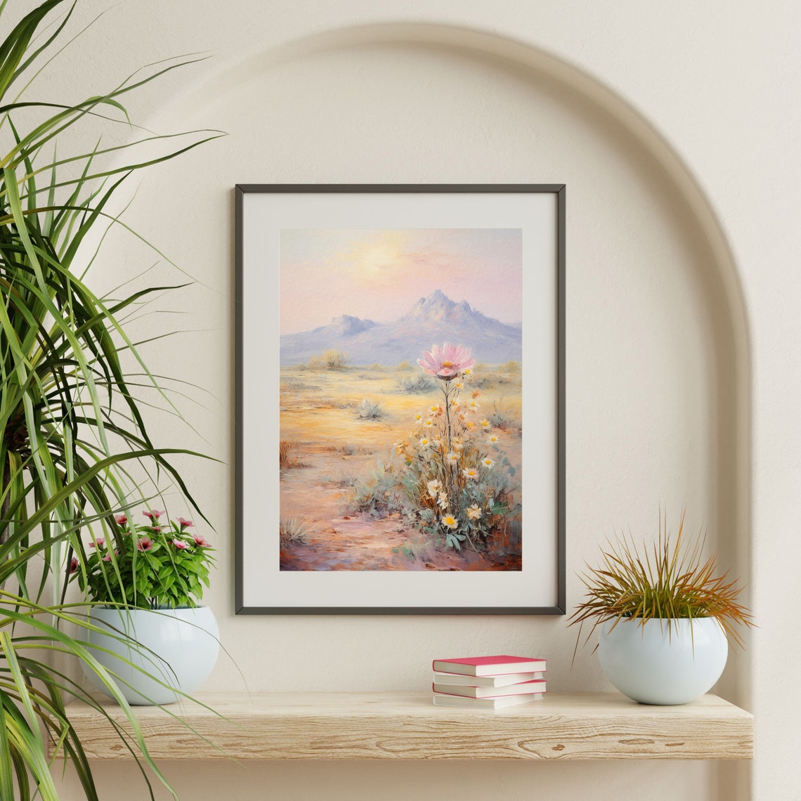Desert Wildflower Pink Bloom Pastel Mountain Landscape Floral Poster - Image 2