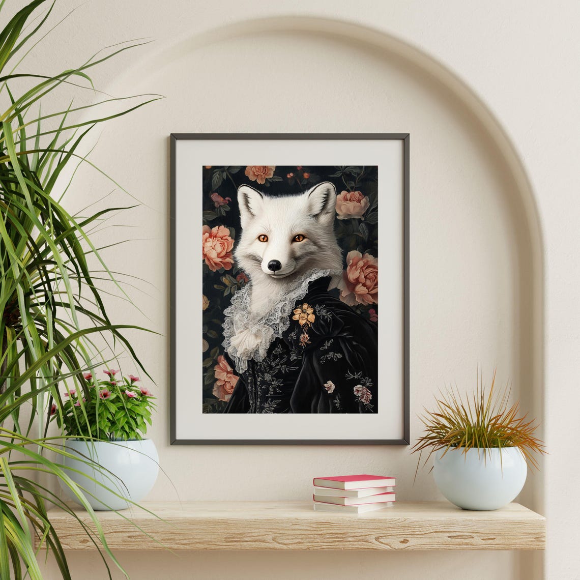 White Arctic Fox Victorian Black Dress Lace Collar Floral Art Poster - Image 2