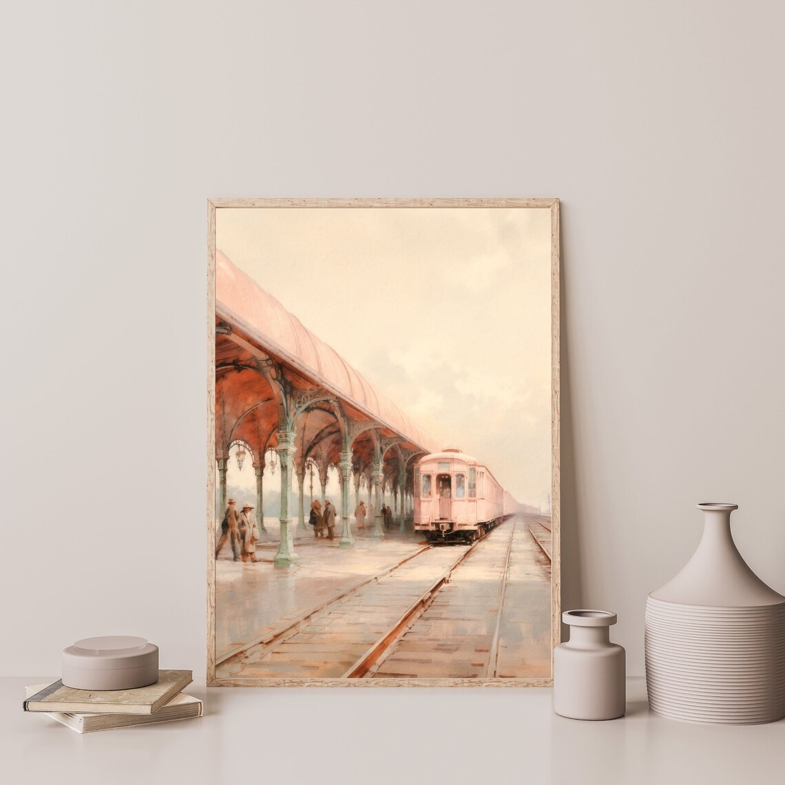 Retro Train Station Vintage Oil Painting Art Print - Image 3