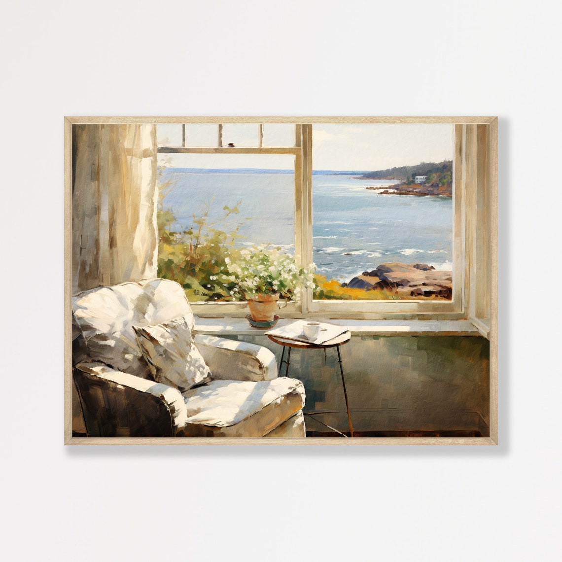 Sunlit Window Seat Armchair Overlooking a Rocky Coast View Poster
