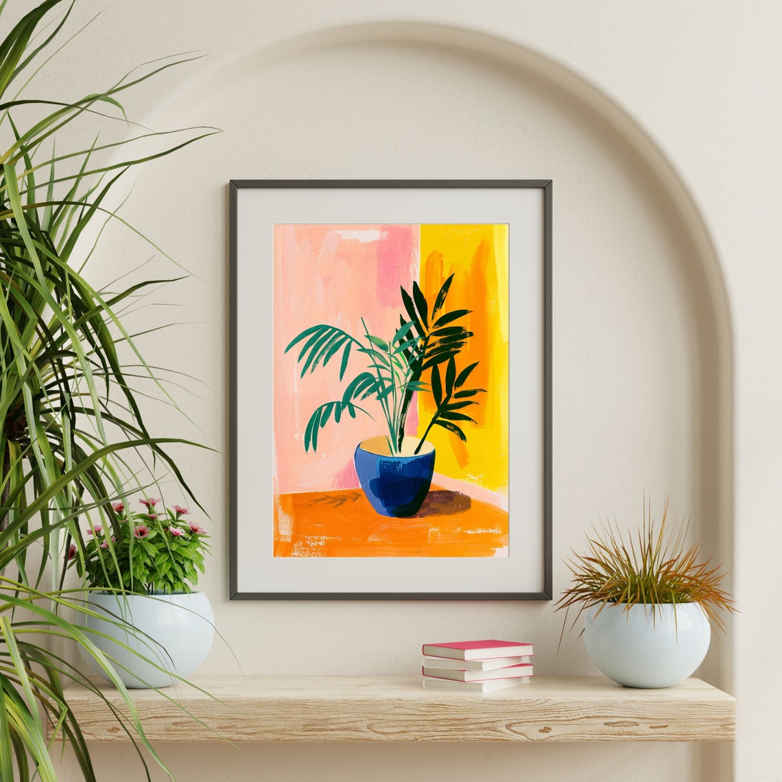 Potted Palm Plant Blue Pot Pink Yellow Modern Botanical Art Print - Image 2