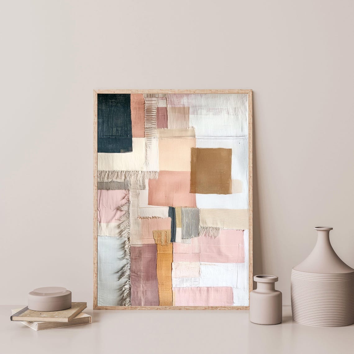 Neutral Patchwork Textile Abstract Woven Blocks Modern Wall Art - Image 3