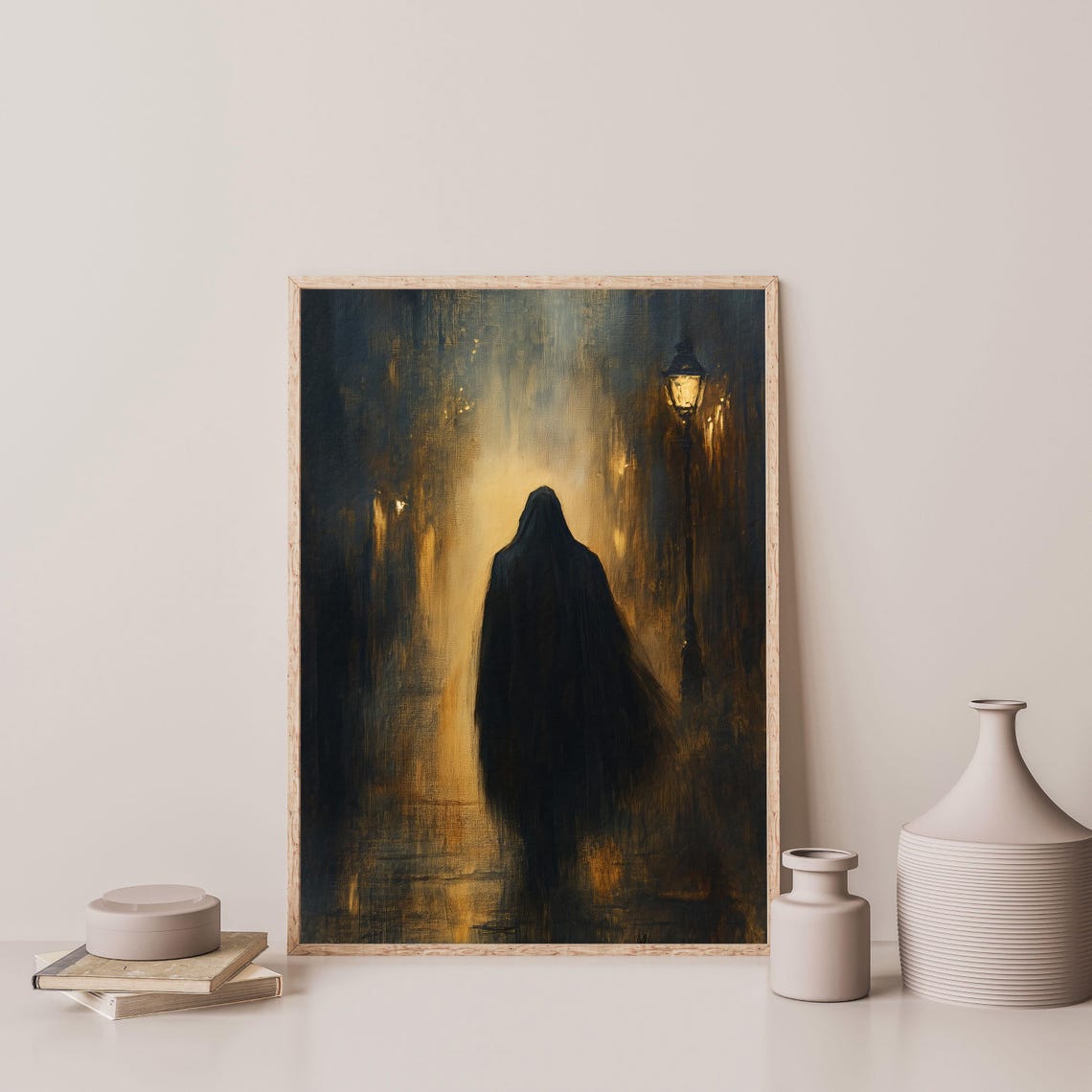 Misty Night Wanderer Cloaked Figure Lantern Street Moody Art Poster - Image 3