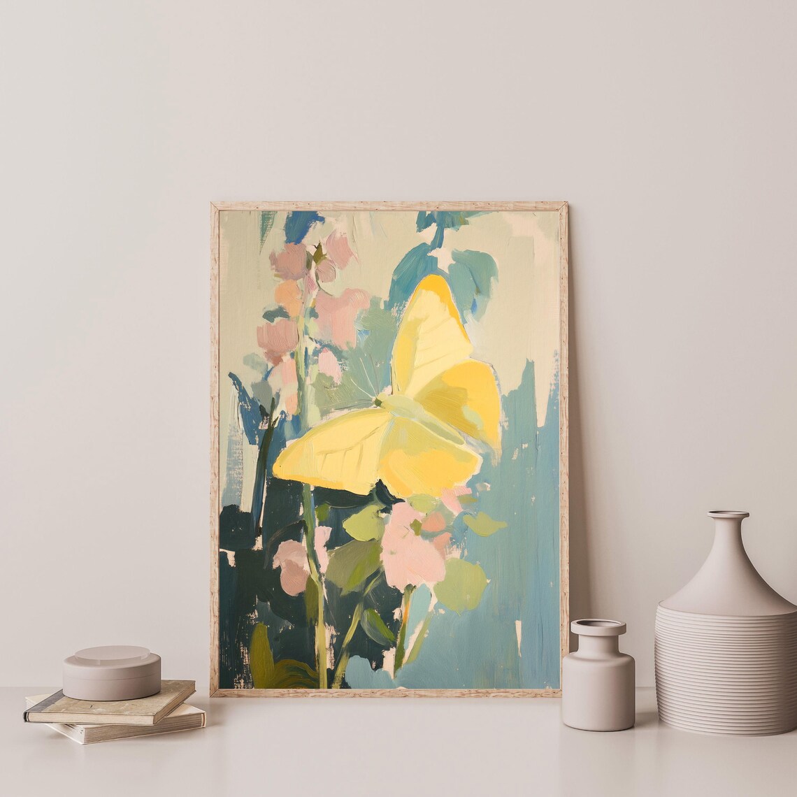 Yellow Butterfly Pink Blossoms Teal Floral Impressionist Art Print - Image 3