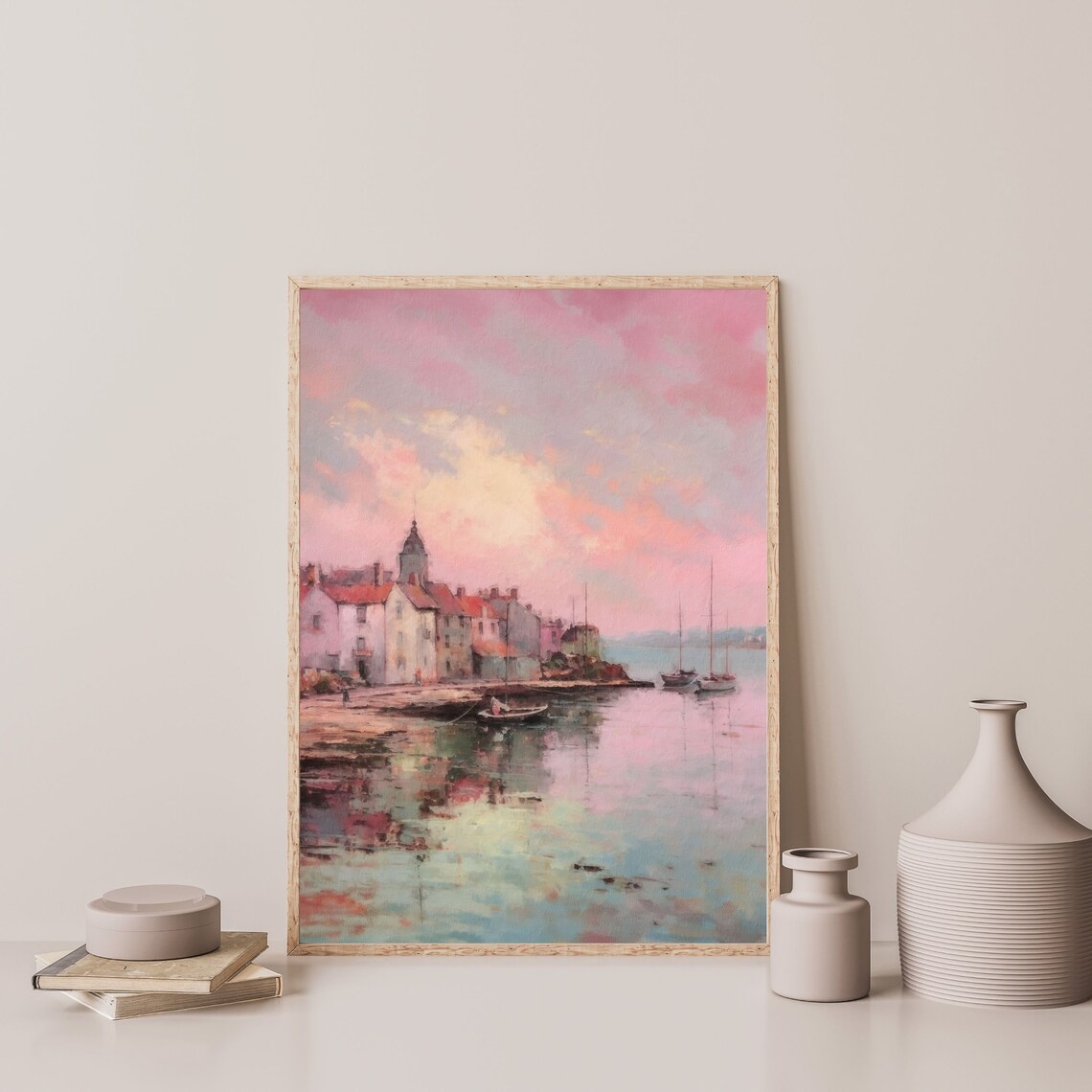Pastel Town Painting, Pink Coastal Landscape Art Print - Image 3