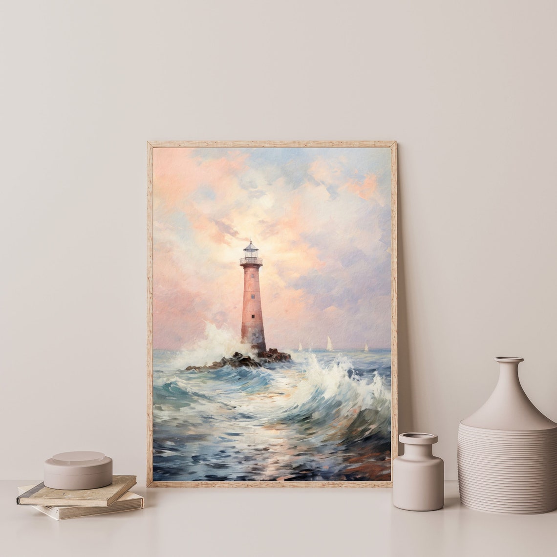 Lighthouse Painting Retro Coastal Wall Art Vintage Seaside Wall Decor Antique Seascape Artwork P 542 - Image 3