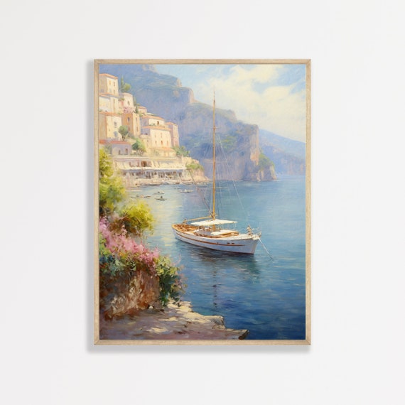Amalfi Sailboat, Vintage Italy Coastal Landscape Art Print