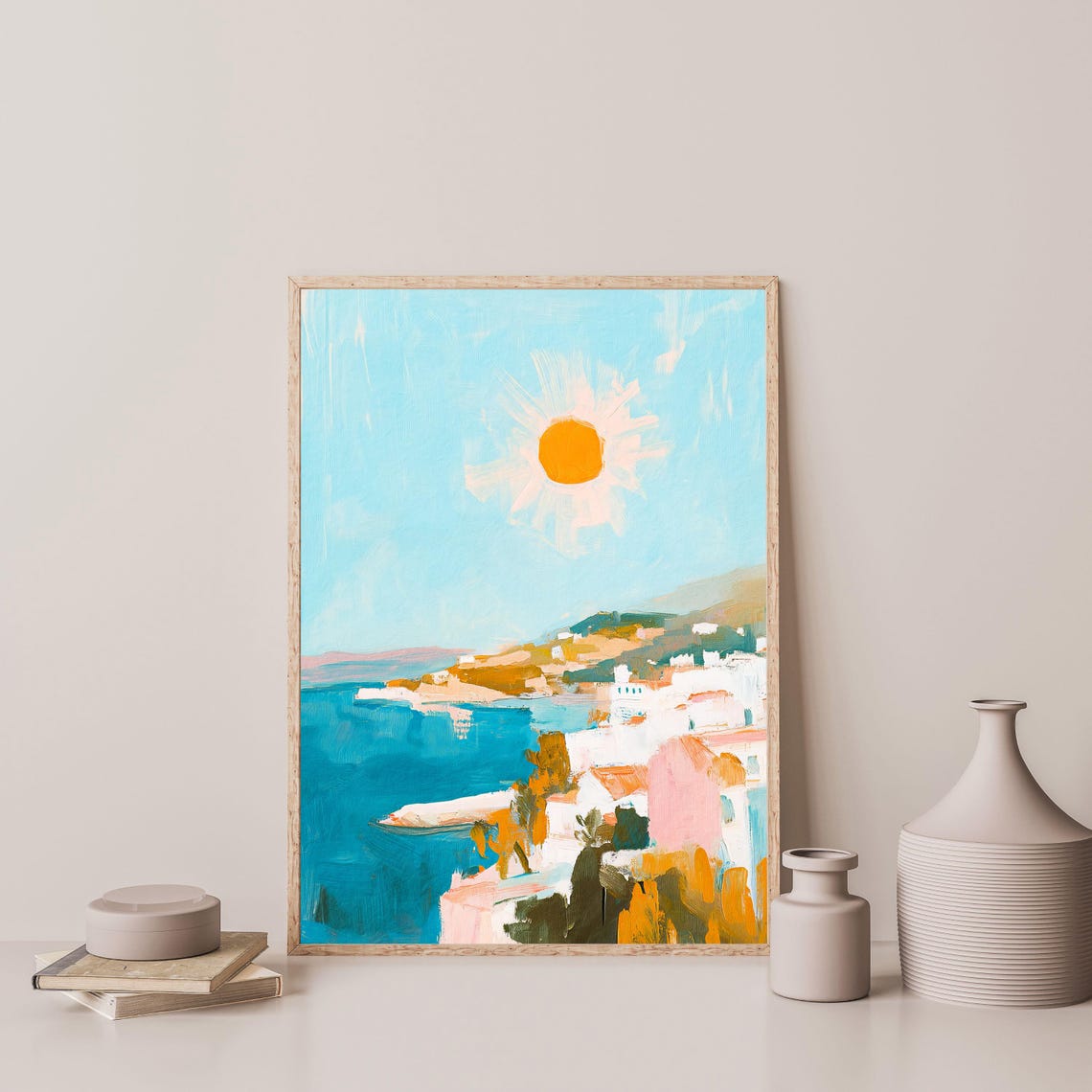 Bright Coastal Village Under Orange Sun Mediterranean Travel Poster - Image 3