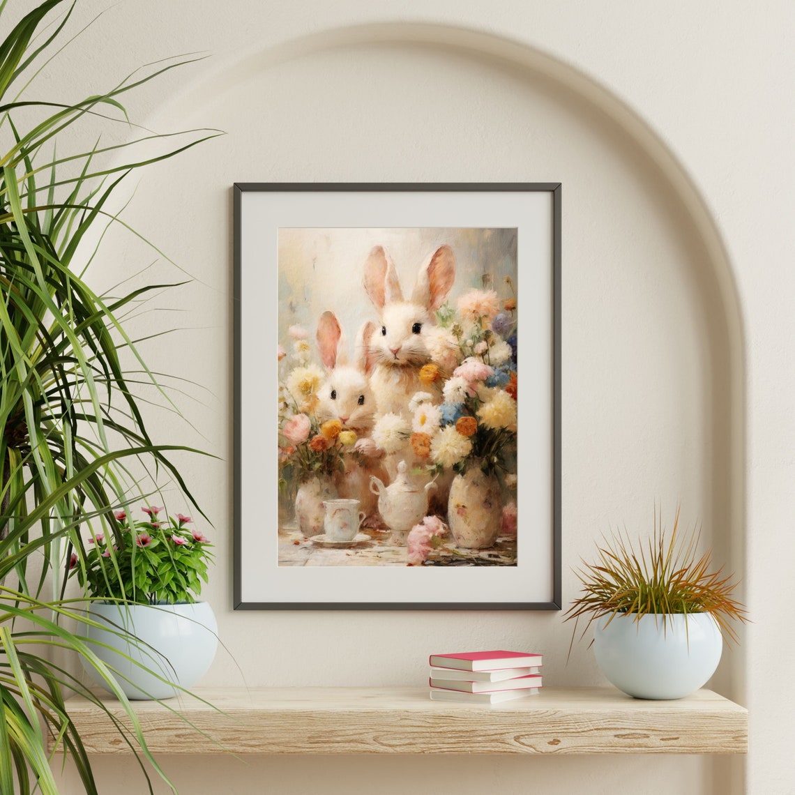 White Bunnies Spring Flowers Teapot Vintage Nursery Animal Poster - Image 2
