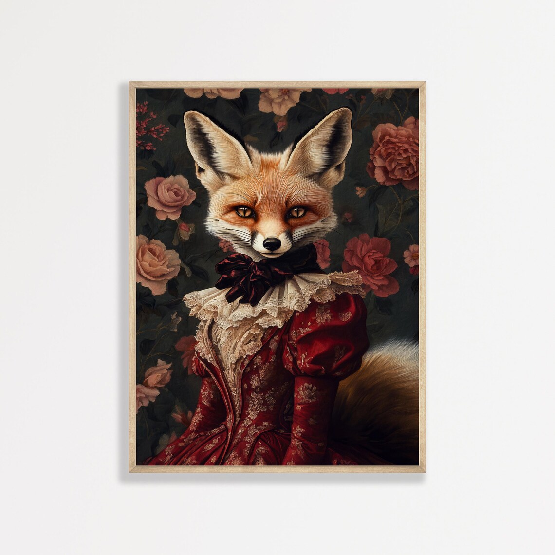 Red Fox Victorian Portrait Red Velvet Gown Moody Floral Art Poster