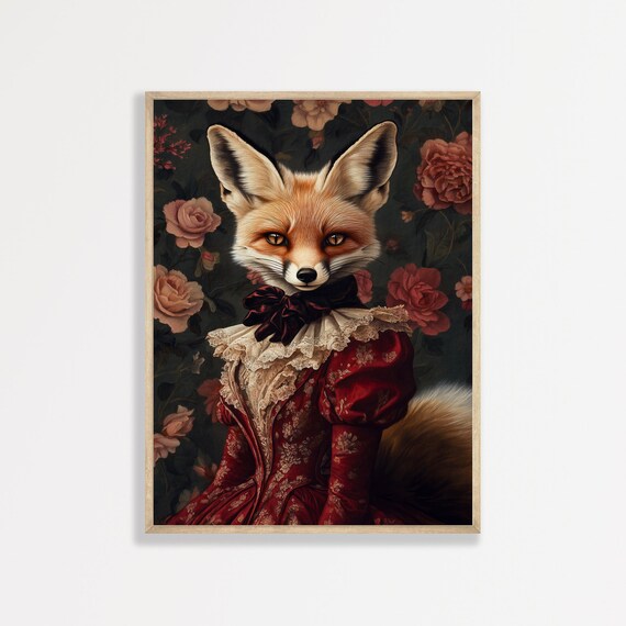 Red Fox Victorian Portrait Red Velvet Gown Moody Floral Art Poster