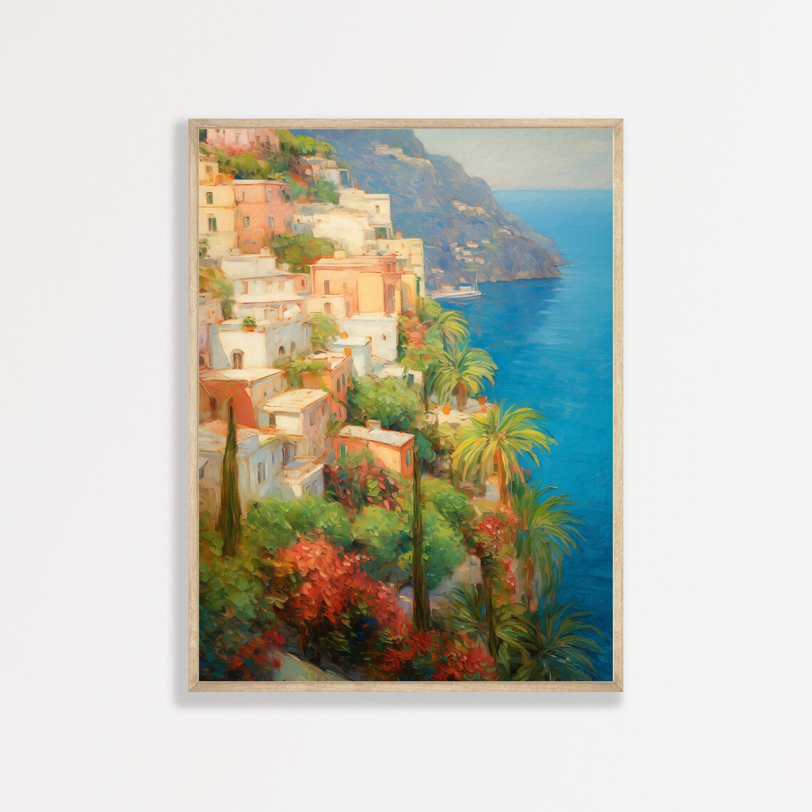 Amalfi Coast Pastel Hillside Village Blue Sea Italy Travel Poster