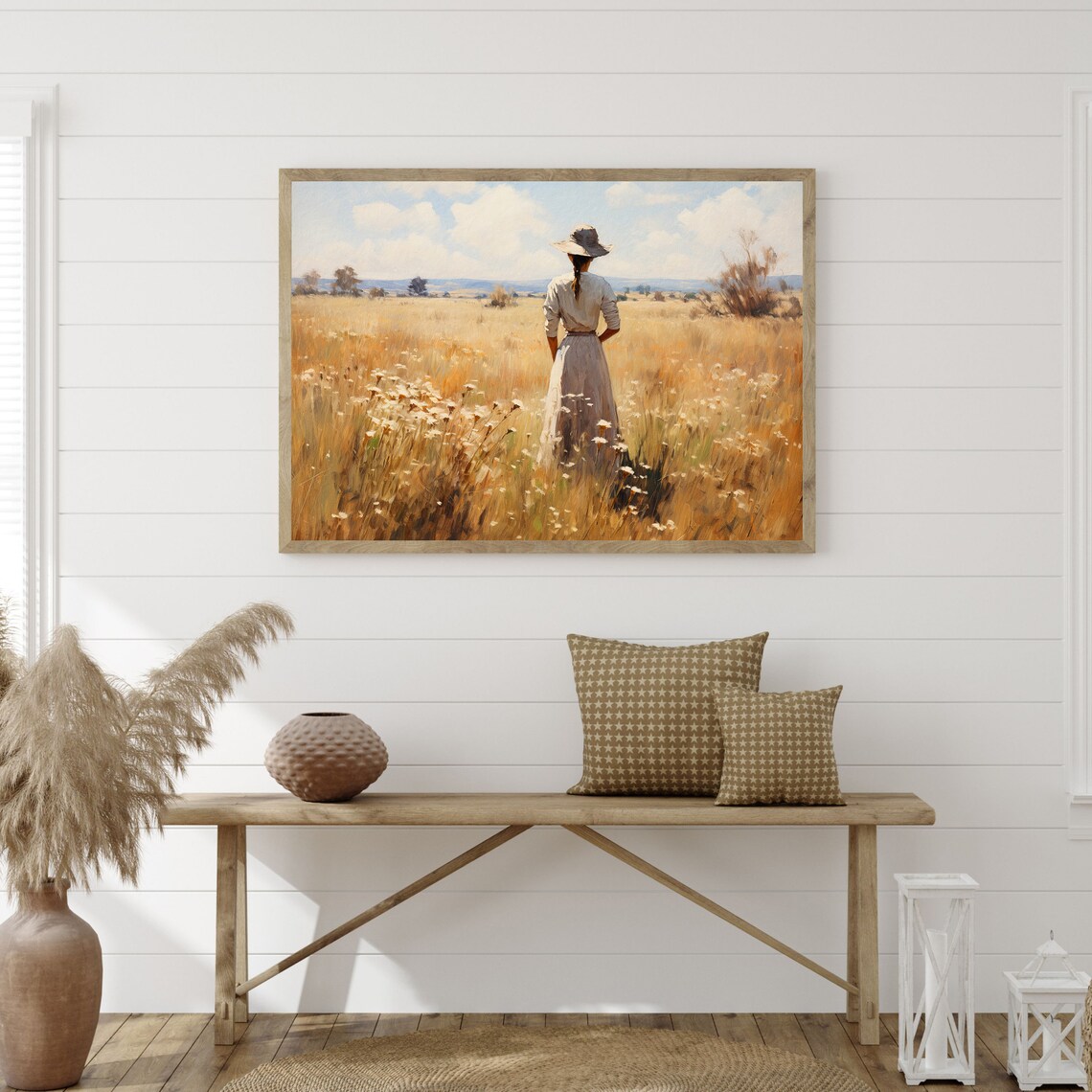 Woman in a Field of Golden Wildflowers Vintage Countryside Wall Art - Image 3
