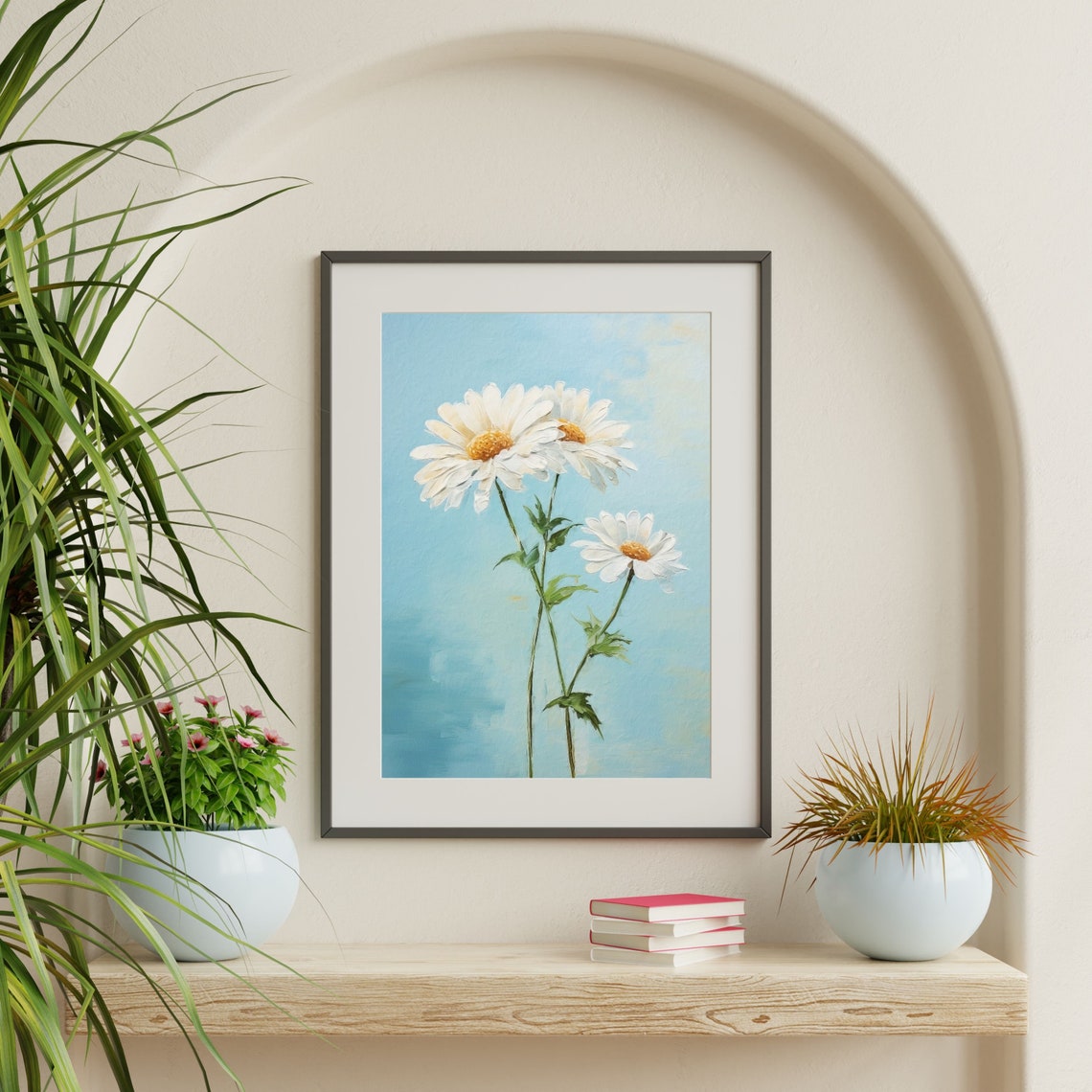 White Daisy Blooms Pale Blue Background Vintage Floral Print - Image 2
