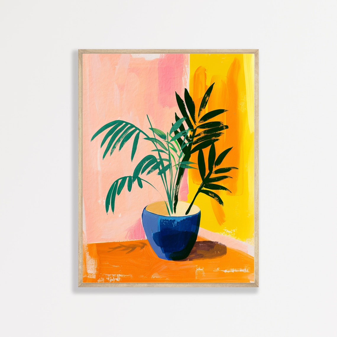Potted Palm Plant Blue Pot Pink Yellow Modern Botanical Art Print