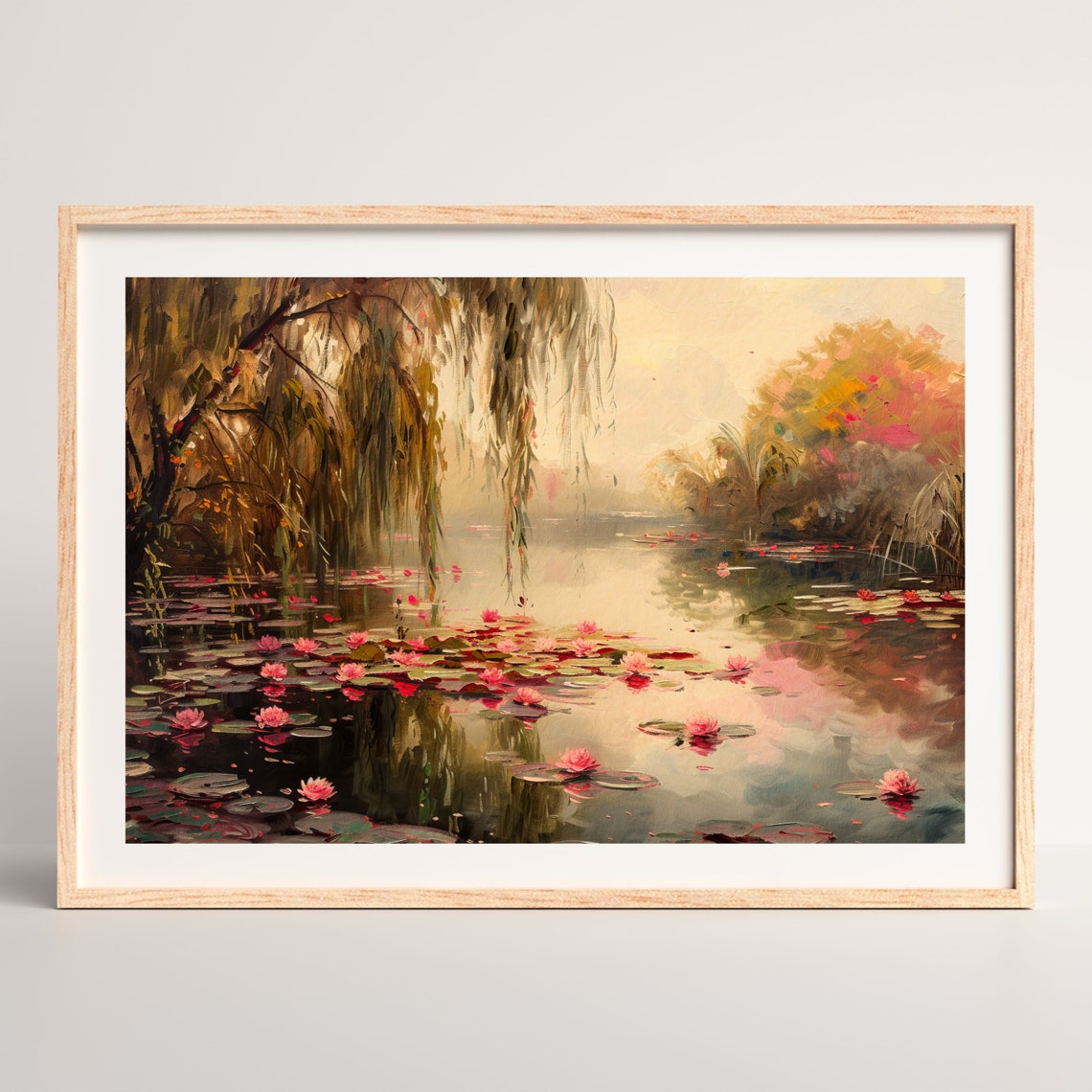 Pink Water Lilies Lake Weeping Willow Reflection Calm Art Poster - Image 2