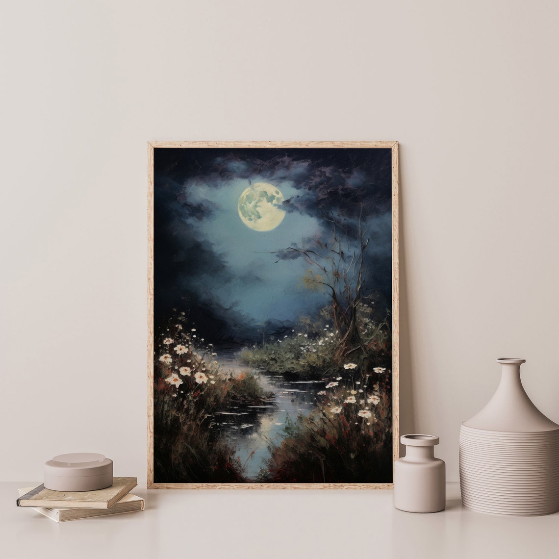 Moon Wildflowers Painting Vintage Gothic Night Landscape Print Antique Moody Cottagecore Aesthetic Wall Art Decor P 963 - Image 3