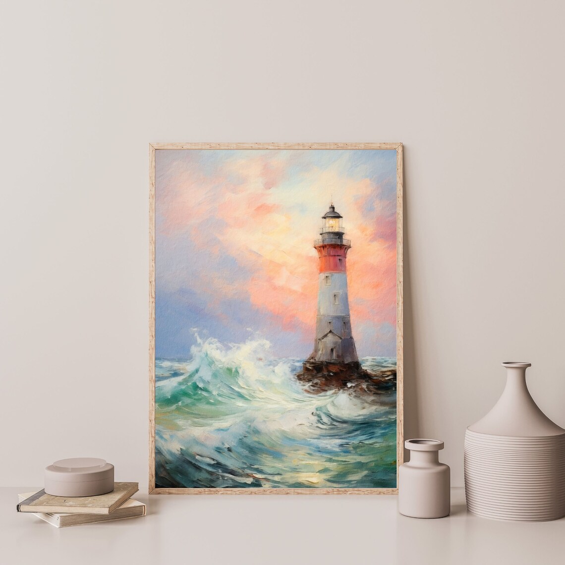 Pastel Lighthouse Retro Beach House Art Print - Image 3