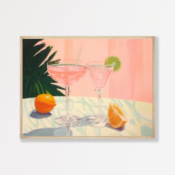 Retro Pink Cocktails Art Print, Preppy Home Decor