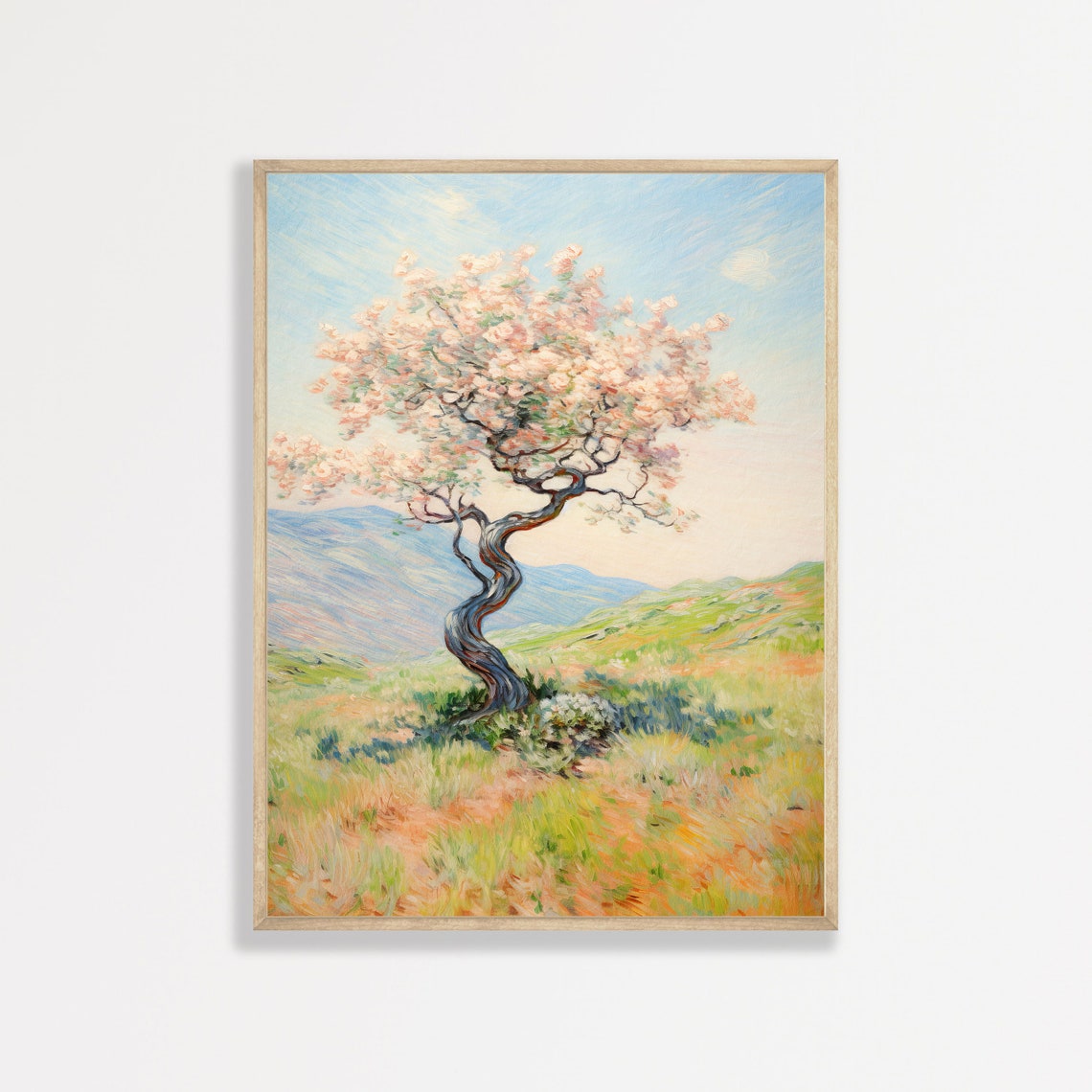 Twisted Blossoming Tree on Rolling Hills Impressionist Spring Poster