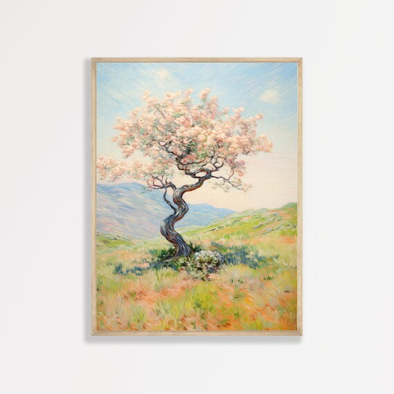 Vintage Tree Painting Minimal Landscape Print Rustic Farmhouse Wall Art Antique Cottage Decor P 767