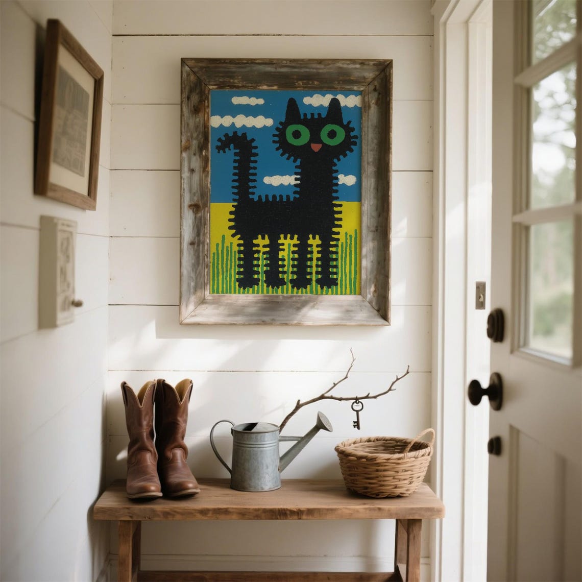 Geometric Black Cat Naive Folk Art Green Eyes Blue Yellow Style Poster