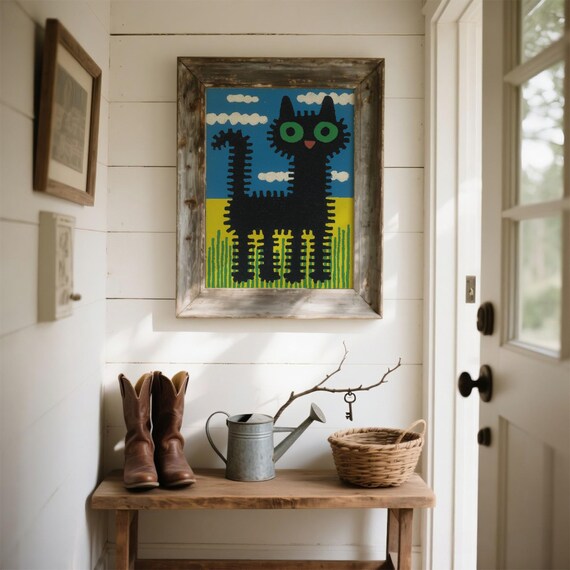 Geometric Black Cat Naive Folk Art Green Eyes Blue Yellow Style Poster