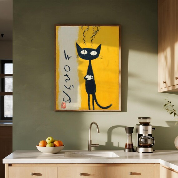 Quirky Black Cat Coffee Cup Yellow Japanese Brush Art Poster