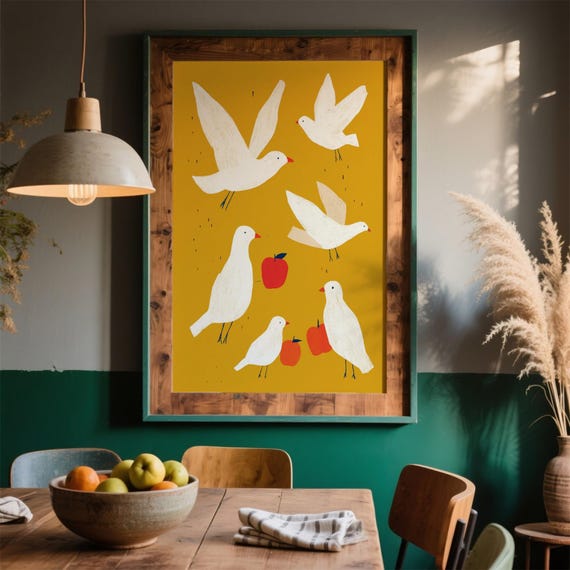 Whimsical White Birds Art Print Playful Avian Illustration Folk Style Bright Yellow Background Nature Inspired Wall Decor