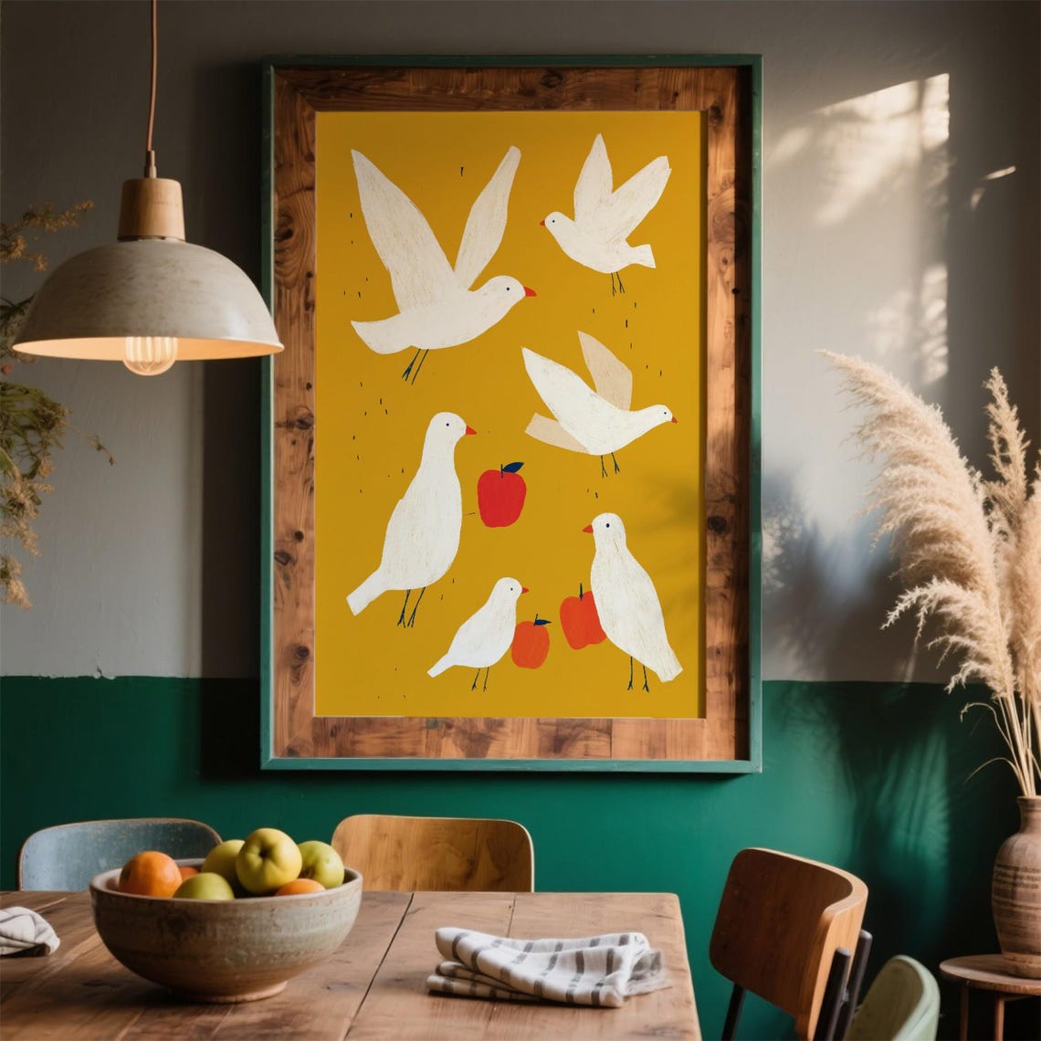 Whimsical White Birds Art Print Playful Avian Illustration Folk Style Bright Yellow Background Nature Inspired Wall Decor
